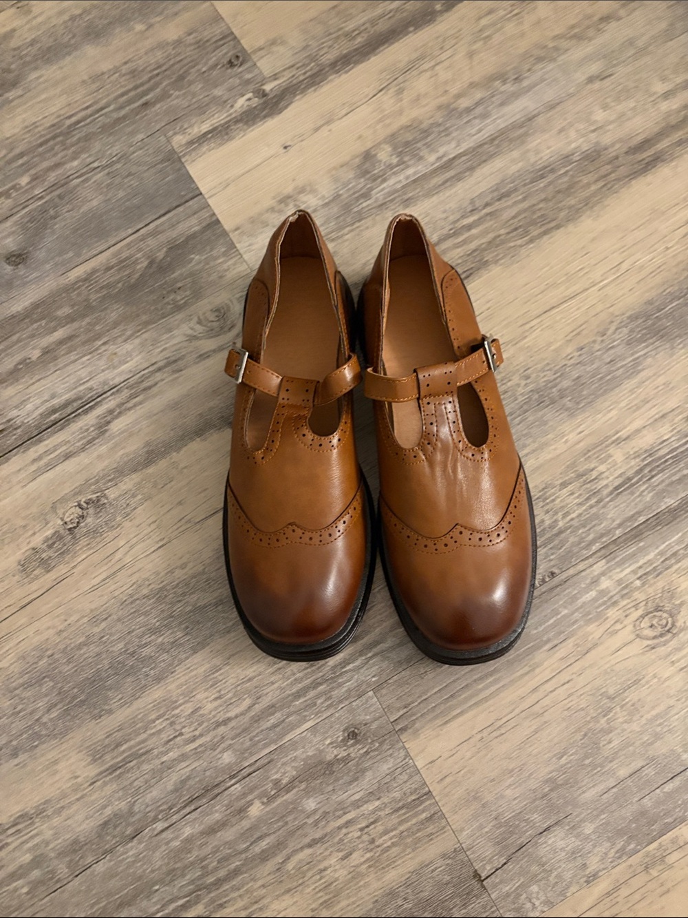 Classic T-Strap Brogue Flats in Brown